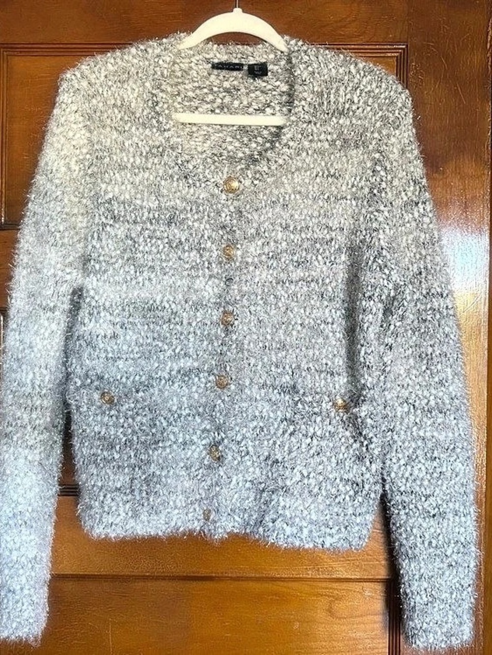 Tahari Boucle Button Cardigan in Gray & White Size Medium